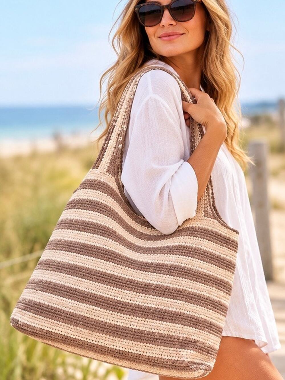 NWT Beach Riot Nantucket Tote Taupe Stripe Woven Beach Bag New Sealed